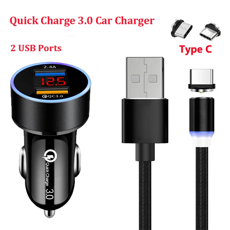 Автомобильное зарядное устройство QC 3 0 со светодиодным дисплеем два порта USB