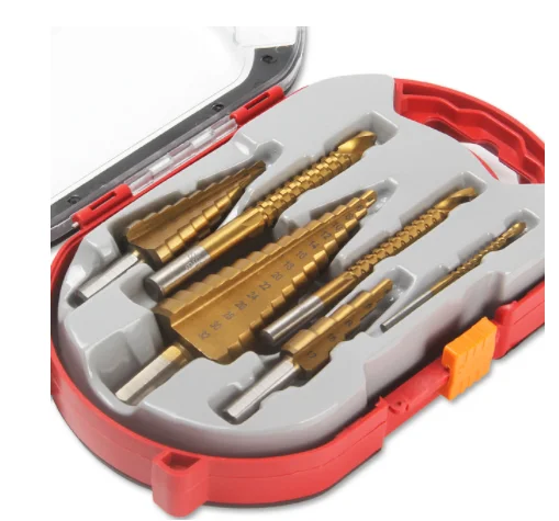 

HSS Steel 6Pcs Step Drill Bit Set Metal Hole Cutter Wood Cone Core Drilling Hole Saw Tool Titanium 4-12/20/32mm +3,6,8 Saw Drill