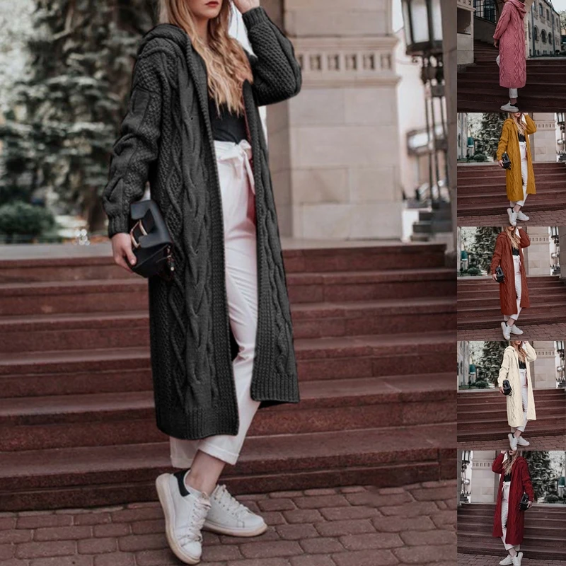 Женский кардиган с капюшоном однотонный длинный свитер открытым спереди |