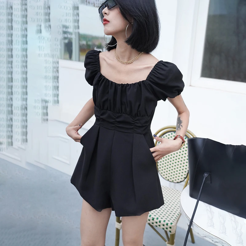 

SHENGPALAE Black Rompers Women's Summer 2021 New Square Collar Wiast Slim Waist Puff Short Sleeve Playsuits Female Tide 5E267
