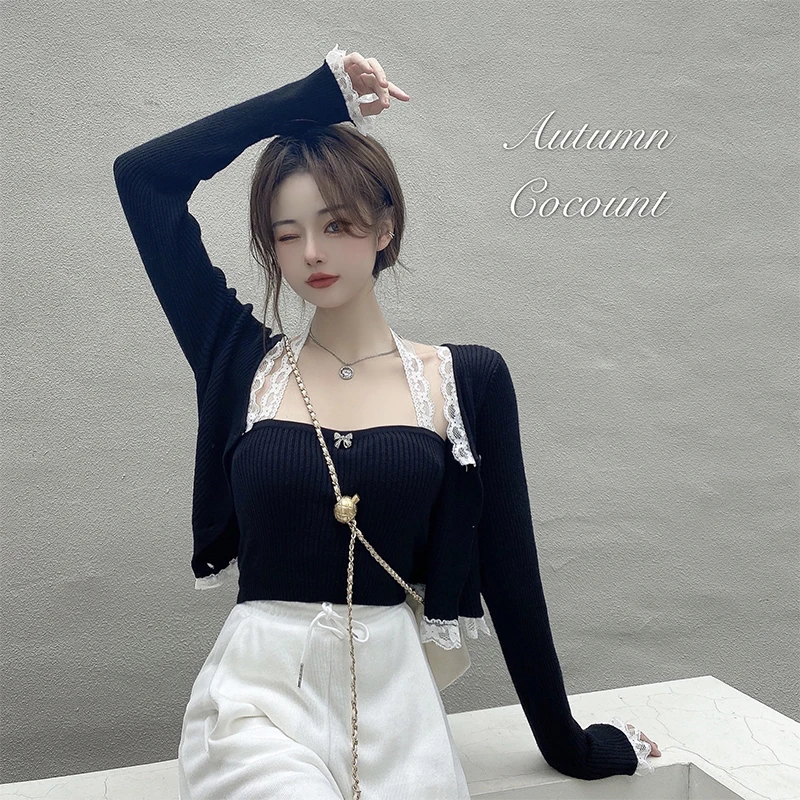 

Женский короткий кардиган, Осень-зима, черный кружевной вязаный свитер, пальто, жакет, блейзеры