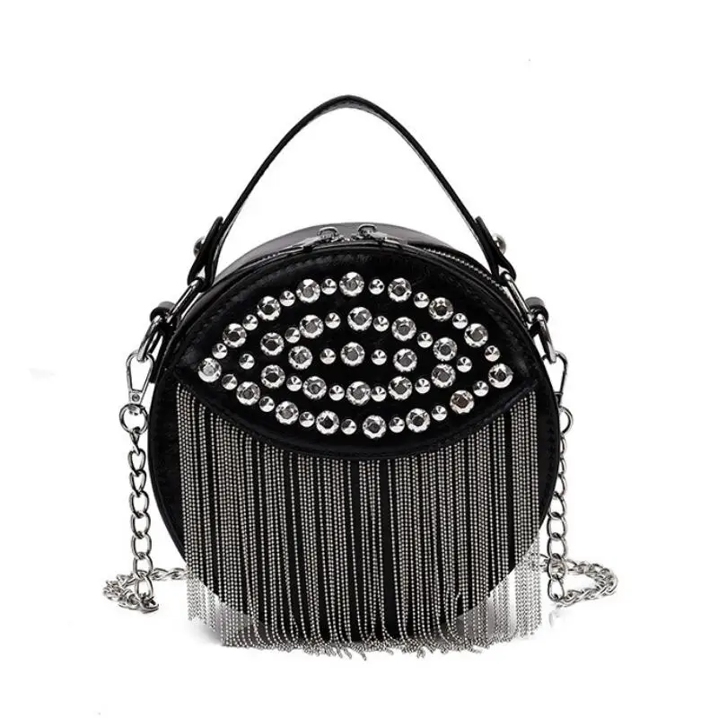 Модные сумки через плечо с заклепками женские круглые на брендовые