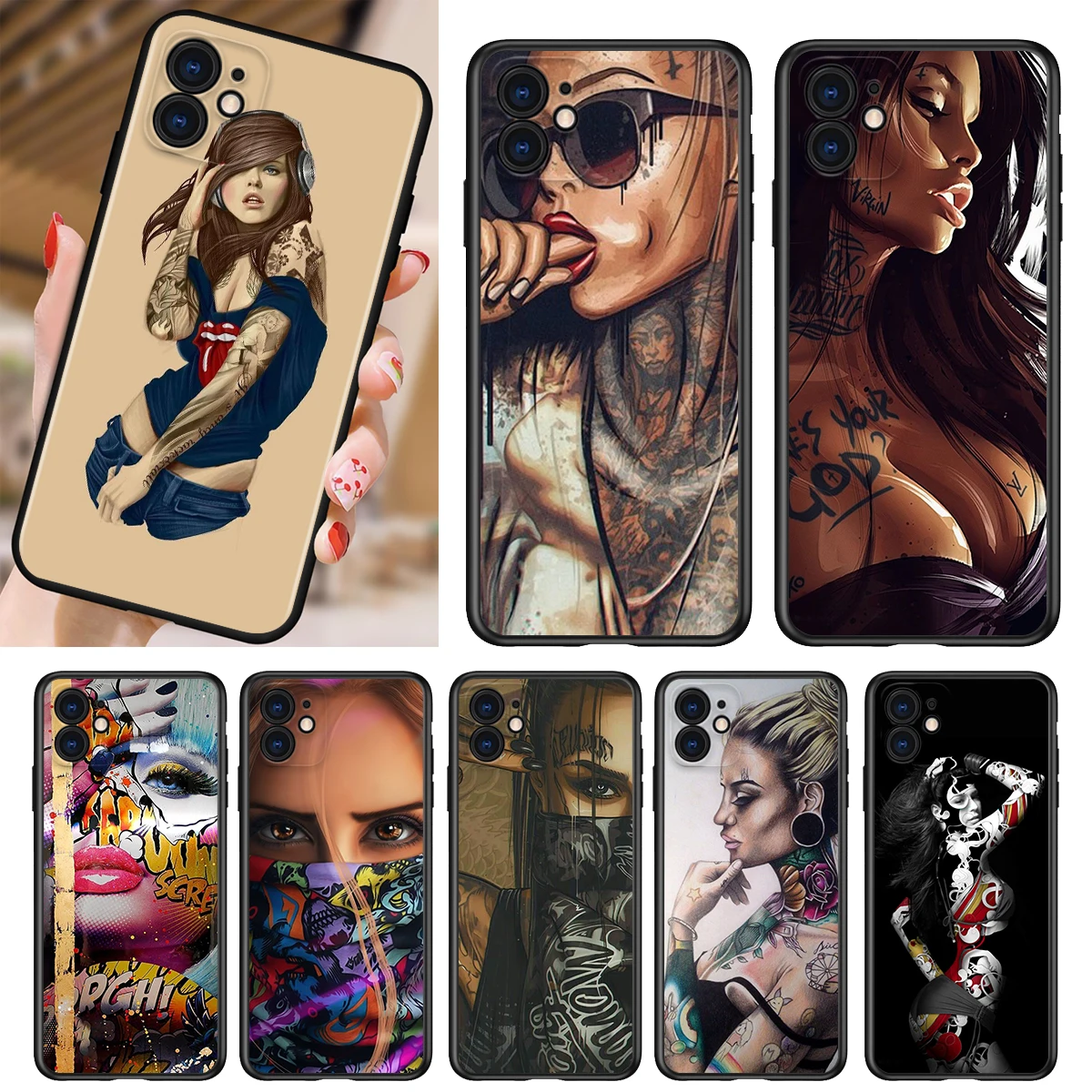 

Phone Case For Apple iPhone 13 12 11 SE XS XR X 7 8 6 5 S mini Plus Pro MAX 2020 Sexy Sleeve Tattoo Girl Black Soft Cover