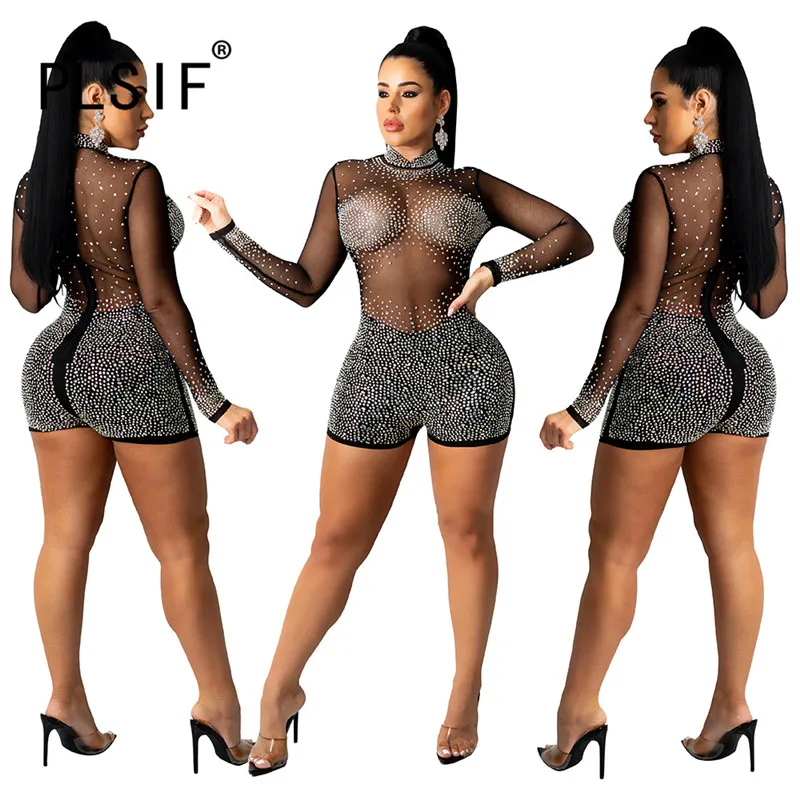 Женский сексуальный комбинезон с круглым вырезом летний сетчатый облегающий