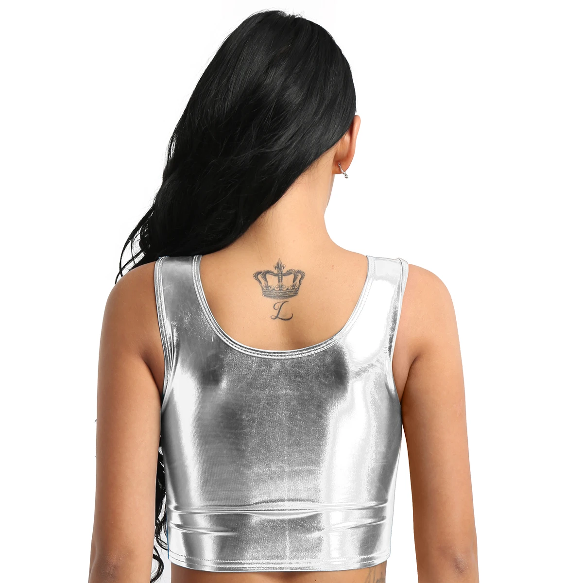 Womens Bustier Blouse Shirt Pole Dance Rave Crop Top Fashion Shiny Metallic Scoop Neck Tank Vest for Clothing |
