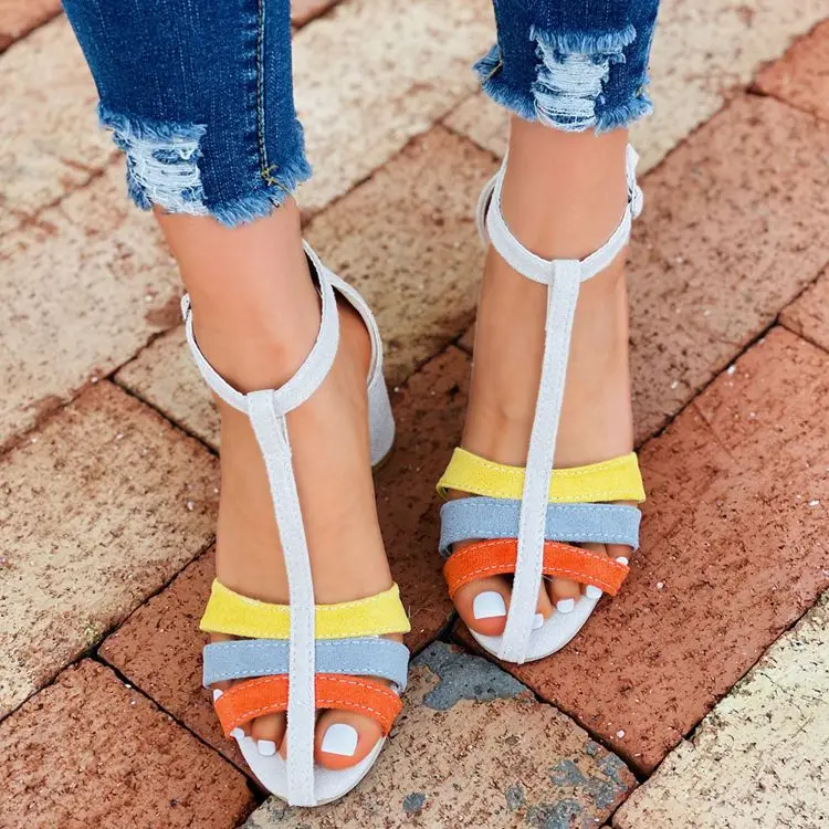 

Summer Sandals Women Ankle Buckle High Heels Sexy Female Peep Toe Fashion Sandalias Mixed Color Ladies Shoes Plus Size