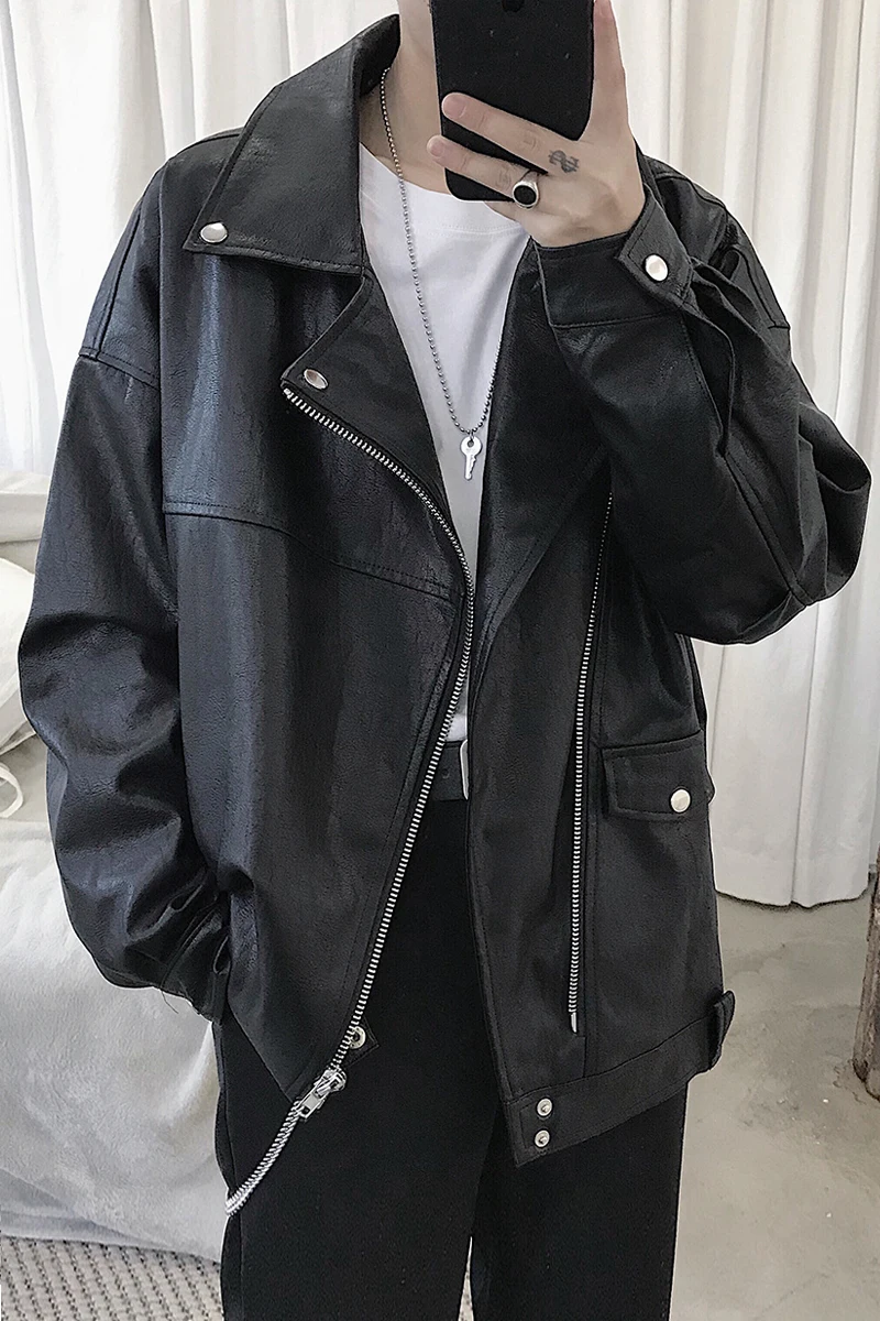 

2019 Autumn And Winter New Listing Lapel Motorcycle Leather Fashion Casual Loose Solid Color Jacket Tide Black M-2XL