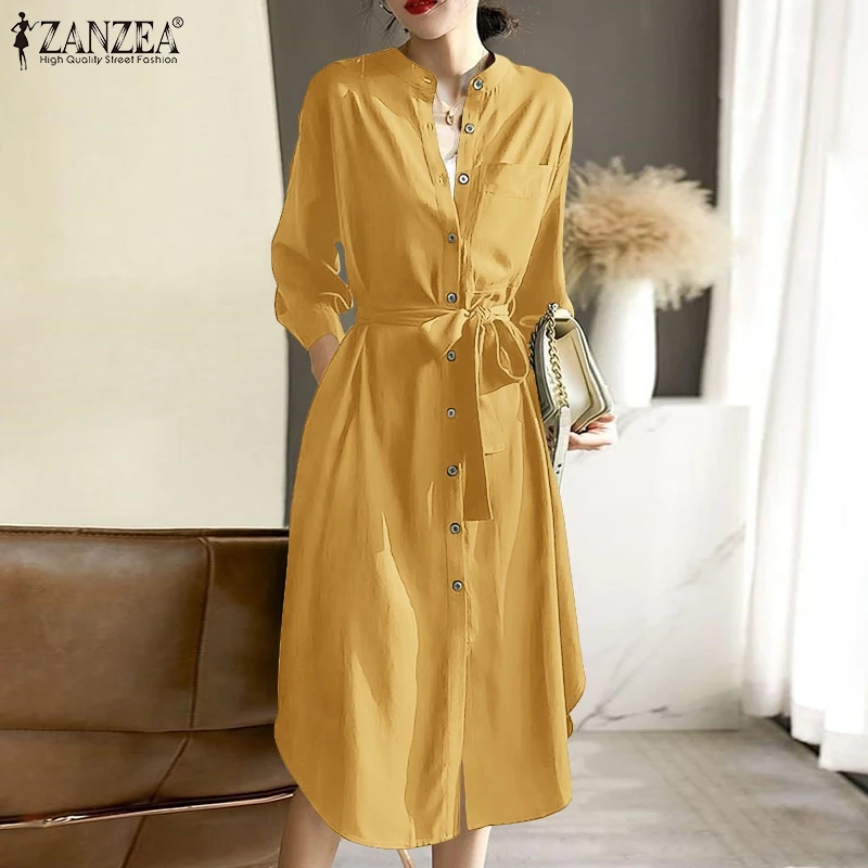 

ZANZEA Elegant Women Autumn Buttons Down Shirt Dress Stylish O Neck 3/4 Sleeve Solid Casual Vestidos Robe Femme OL Midi Sundress