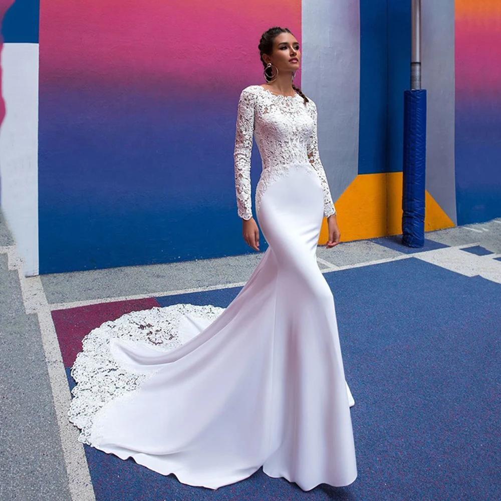 

Elegant Mermaid Wedding Dresses Custom Made Scoop Lace Long Sleeves Appliques Button Sweep Train 2021 New Robe De Mariée