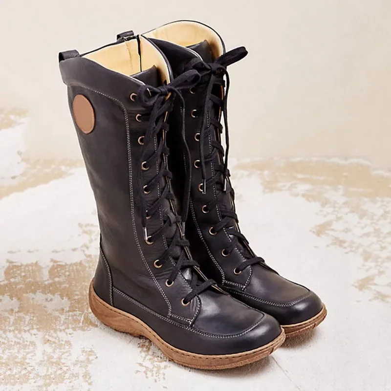 

HEFLASHOR Women Boots Mid-Carlf British Flat shoes Casual fashion Women shoes winter with lace-up PU Leather Booties Boats 2019