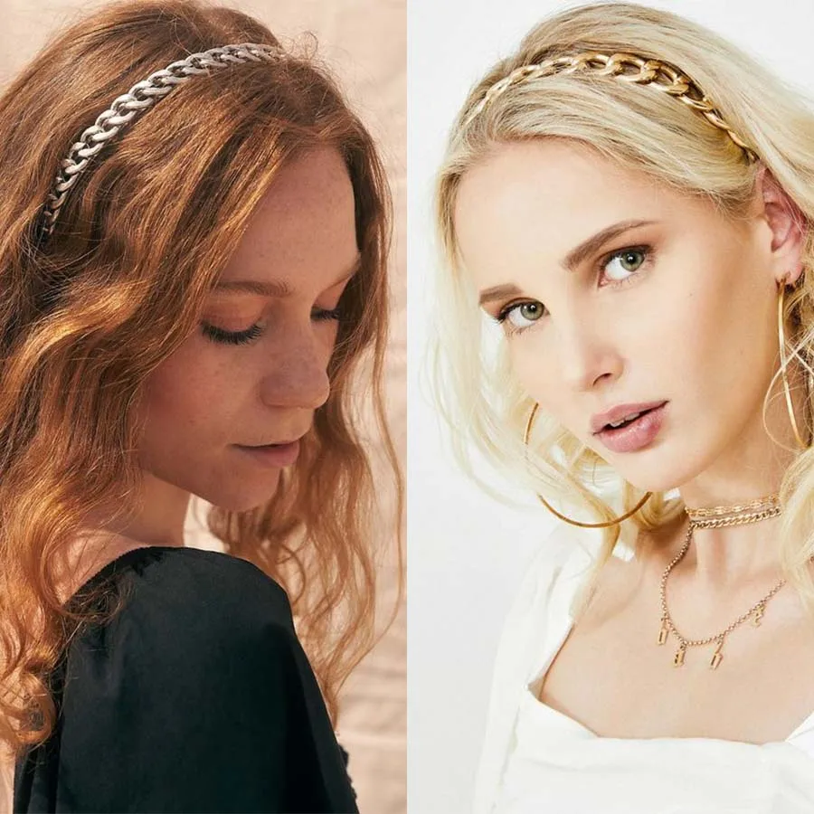 Haimeikang Women Bezel Head Hoop Alloy Chain Interlocking Metal Headband Headwear Fashion Twist Hair Accessories New Style |