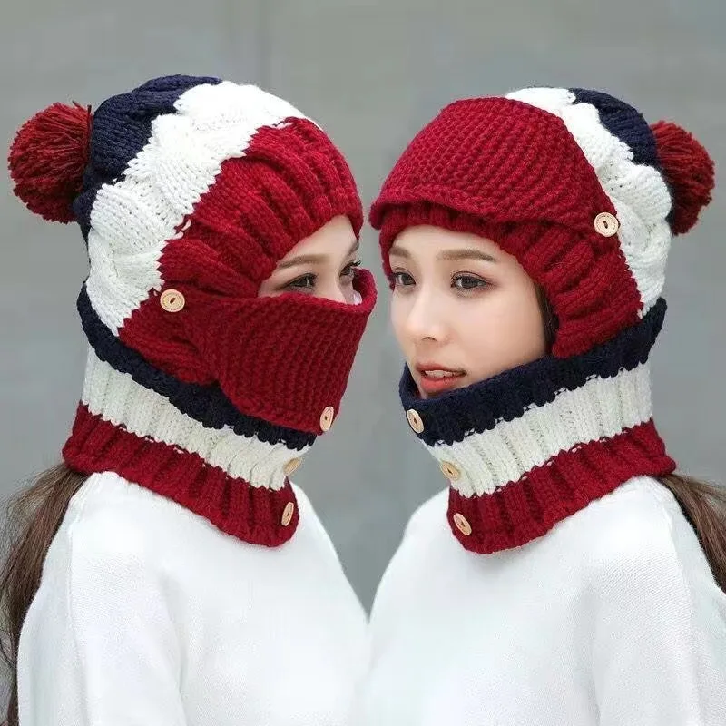 

Winter Knitted Ear Protection Warm Plus Velvet Thickening Riding Electric Bike Hat Female Autumn Bib All-in-one Woolen Hat