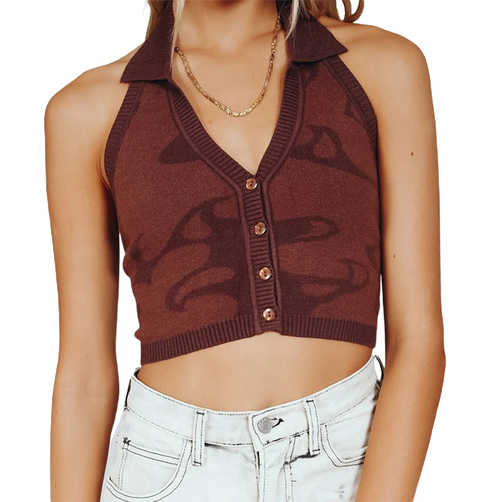 

Women's Halter Crop Tank Tops Sleeveless Abstract Liquid Print Button Down Knit Lapel Camisole