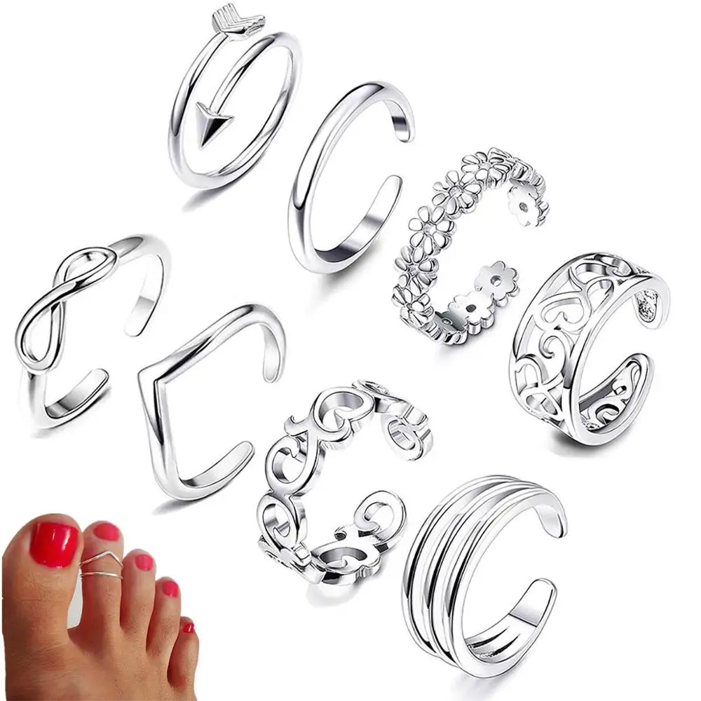 

8Seasons Fashion Copper Open Knuckle Toe Rings Set Gold/Silver Color Women Heart Adjustable Rings Rhinestone Beach Jewelry,1Set