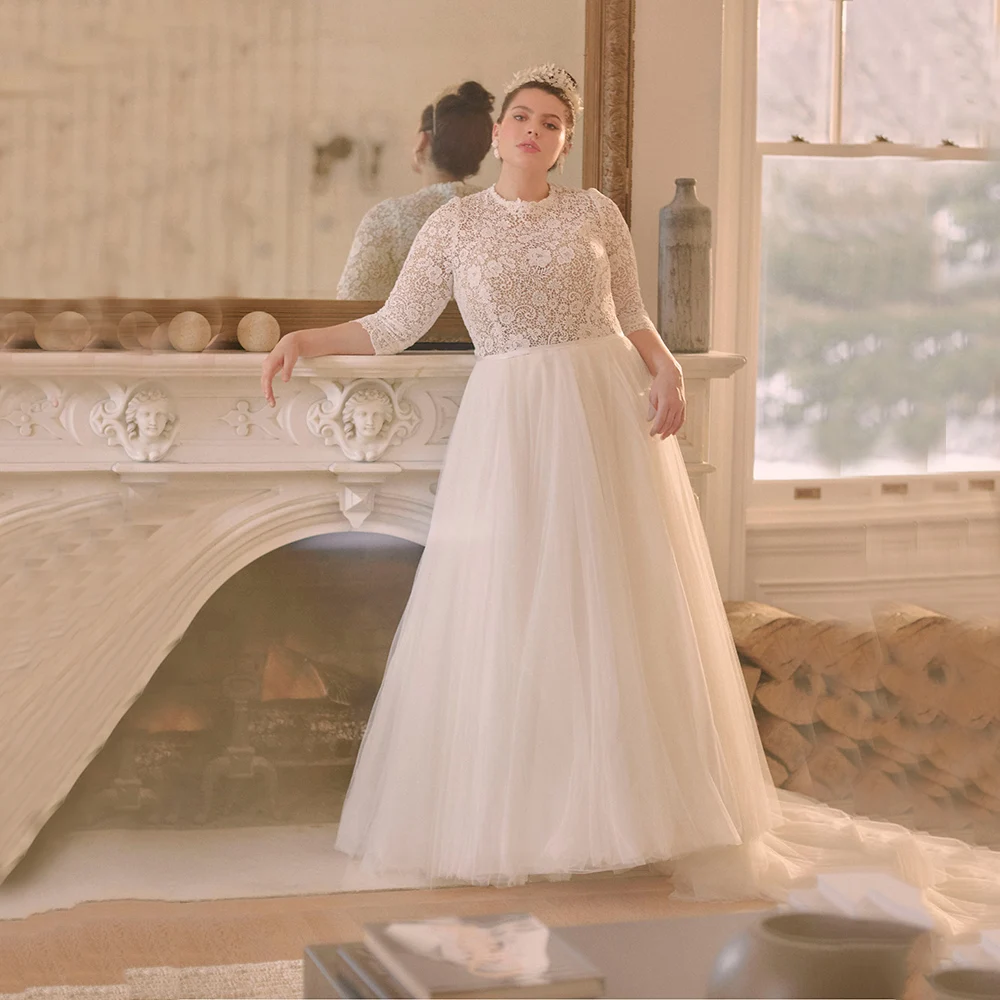 

Vintage Illusion Encaje Three Quarter Sleeve Vestido De Novia Applique Tulle Wedding Dress Bridal Gown Plus Size