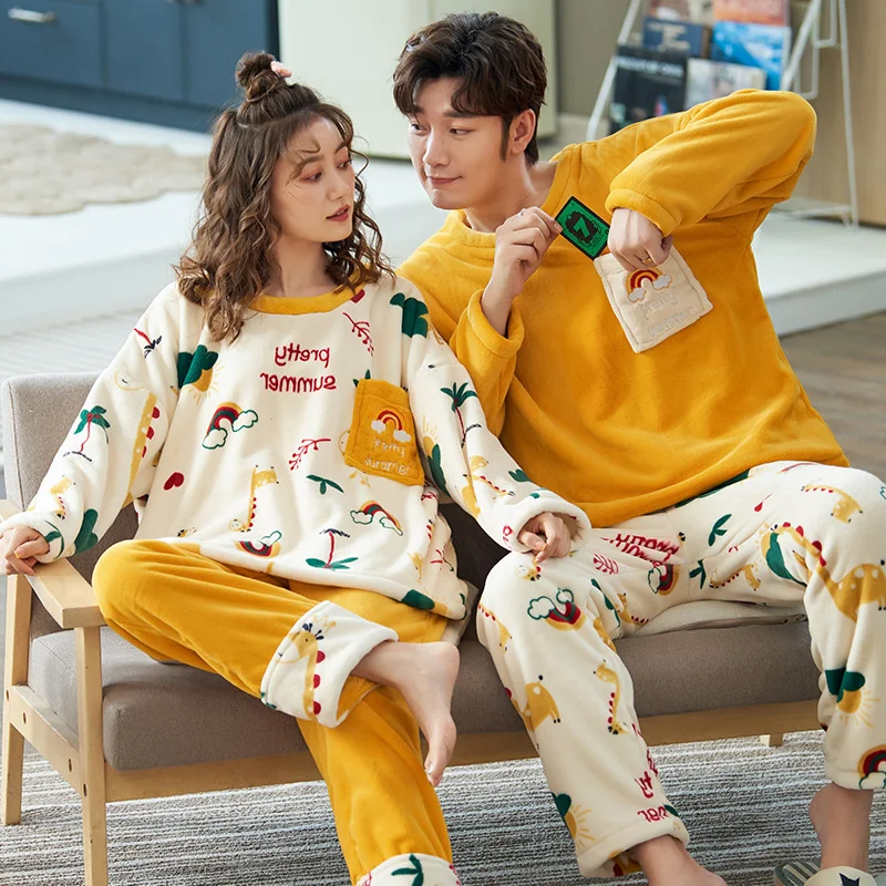 

Couple Pajamas Winter Long Hair Coral Velvet Long Sleeve Suit Women Men's Flannel Home Clothes Can Be Worn Out In Spring And
