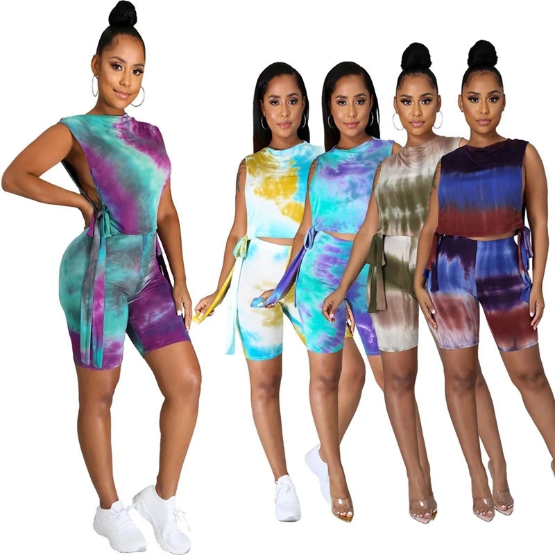 

TNNAOFF Tie DyeTwo Piece Tracksuits Women Set Birthday Outfits Side Lace Up Tank Tops Sexy Biker Shorts Streetwear Matching Sets