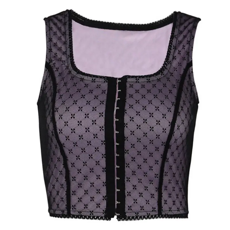 Женский летний укороченный топ без рукавов с пряжкой спереди сетчатый