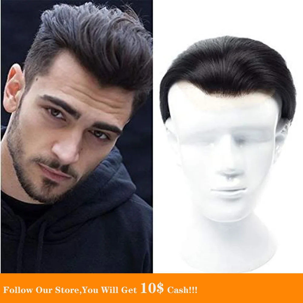 BYMC Lace & PU Thin Skin Men Toupee Two Colors Real Human Hair Pieces Natural Hairline Brazilian Hair Replacement System For Men