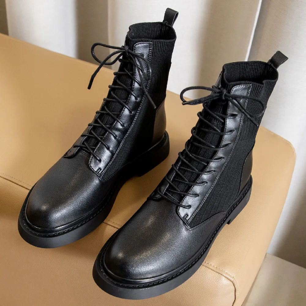 

Женские эластичные вязаные Лоскутные ботильоны из натуральной кожи на шнуровке с круглым носком Новинка весенние повседневные короткие бо...