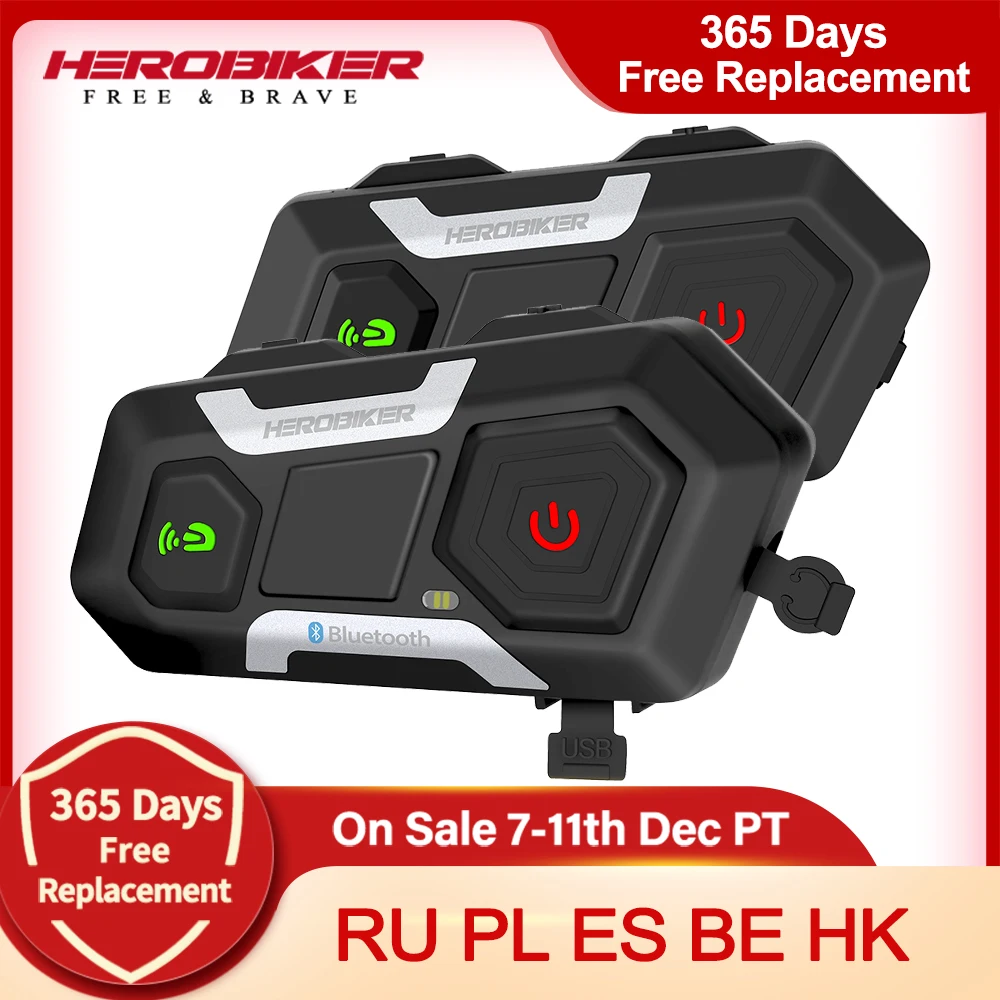 HEROBIKER Motorcycle Intercom Waterproof 1200M Bluetooth Intercom Helmet Headset Moto Headset Wireless Headset Interphone