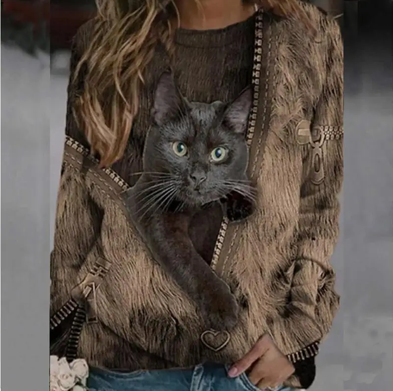 shirts & tops Kawaii Black Cat Zipper Print Women Blouse Shirts Casual Crew Neck Long Sleeve Lady Tee Plus Size Loose Aesthetic Pullover Tops blouses & shirts