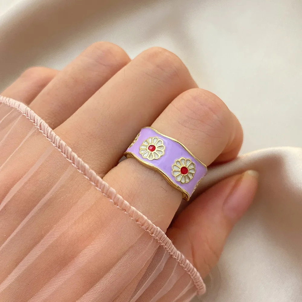Женское Винтажное кольцо с эмалью регулируемое на палец маленькой маргариткой 5