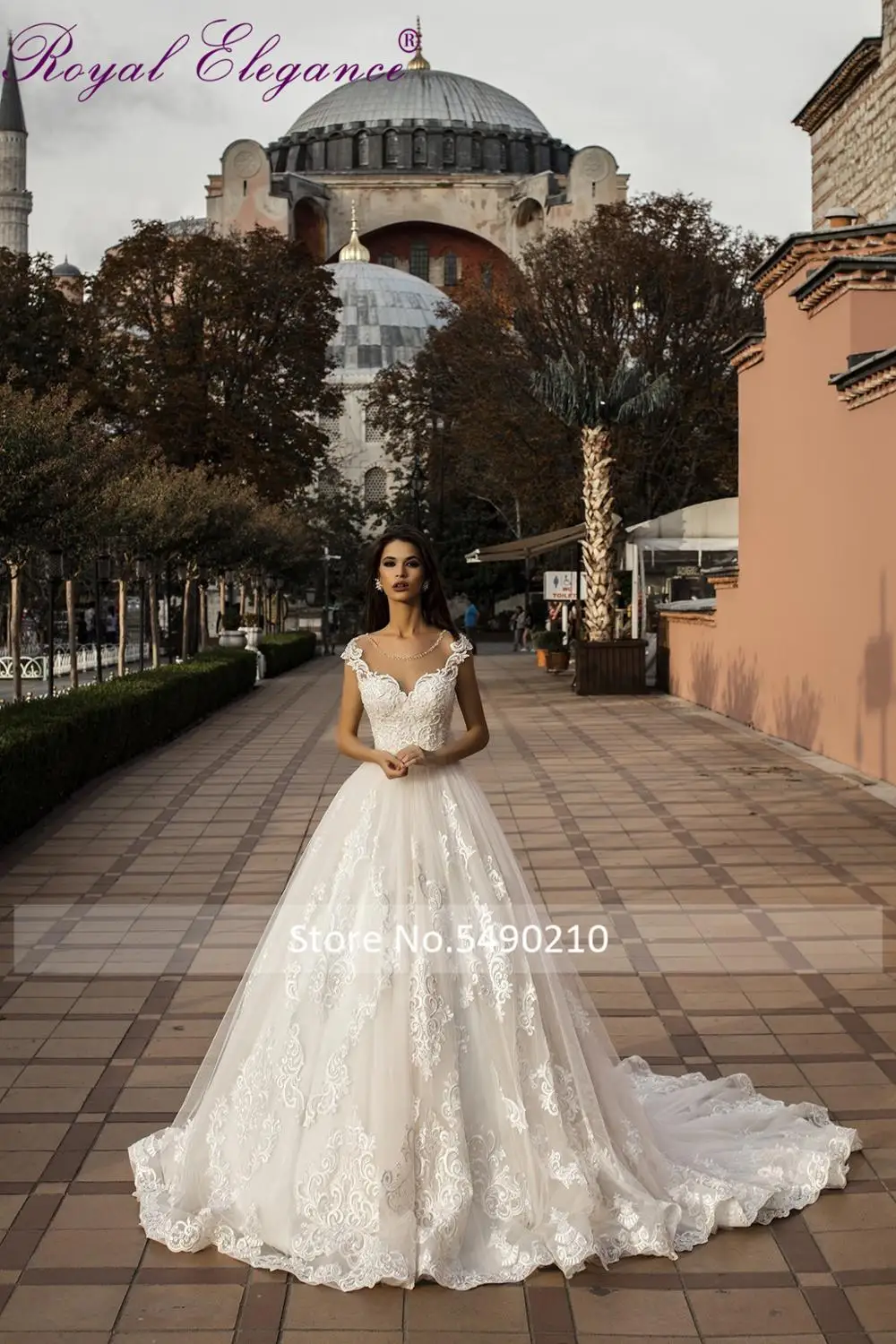 

Royal Elegance A Line Wedding Dress Lace Applique Back Hole Vestidos Novias Illusion Neckline Customs Made Bridal Wear