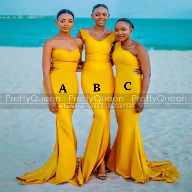 

Cheap Trumpet Long Bridesmaid Dresses Mermaid Gold Yellow For Women African Girls Sweep Train Bridal Party Dress Maid Of Honor
