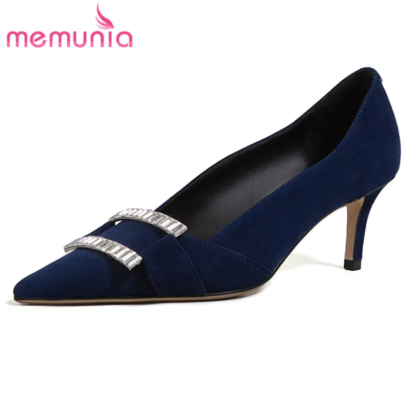 

MEMUNIA 2021 New Arrive Pumps Women Shoes Suede Leather Crystal Slip On Elegant Party Wedding Shoes Women Thin High Heels
