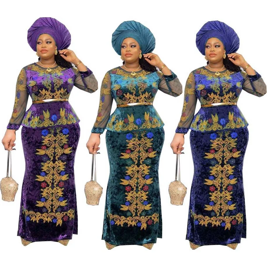 Elegant Velvet Party Dresses For Women African Dashiki Embroidery Long Dress Plus Size Nigerian Clothes Kaftan Maxi Dress Robe