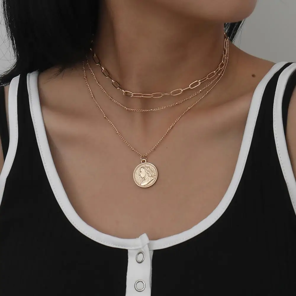 

Lacteo Vintage Carved Coin Virgin Mary Pendant Necklace for Women Trendy Multilayer Gold Color Cross Chain Choker Neck Jewelry