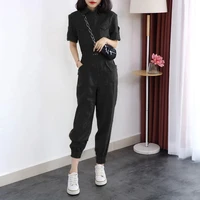 summer elegant casual overalls womens lapel button pocket new loose solid lady street fashion jumpsuit
