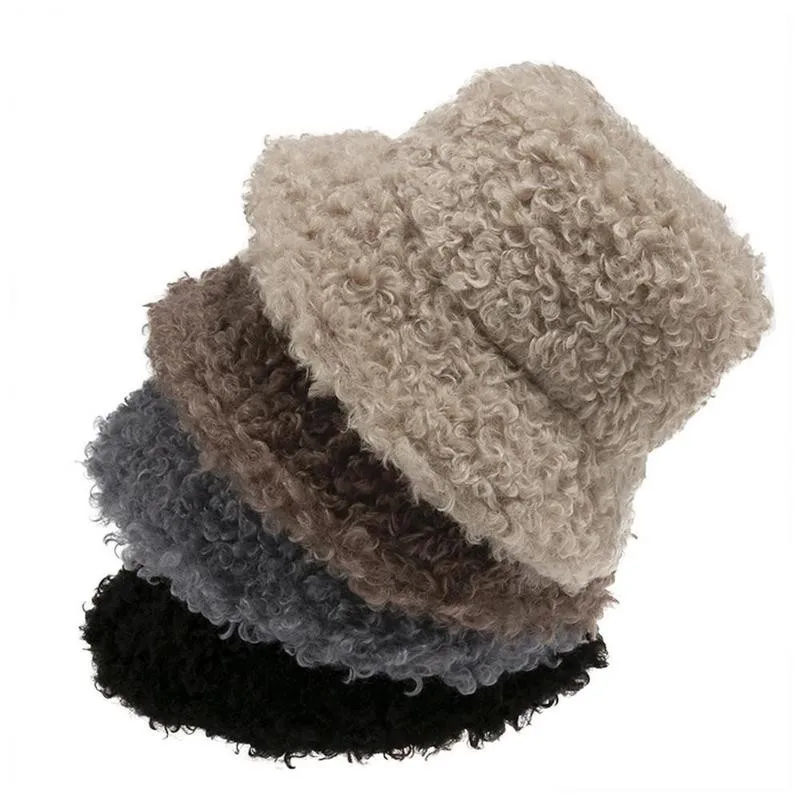 

Lamb Wool Fisherman Hat Lamb Plush Soft Warm Fisherman Casual Ladies Bucket Cap Autumn Color Caps Winter Hat B2N6