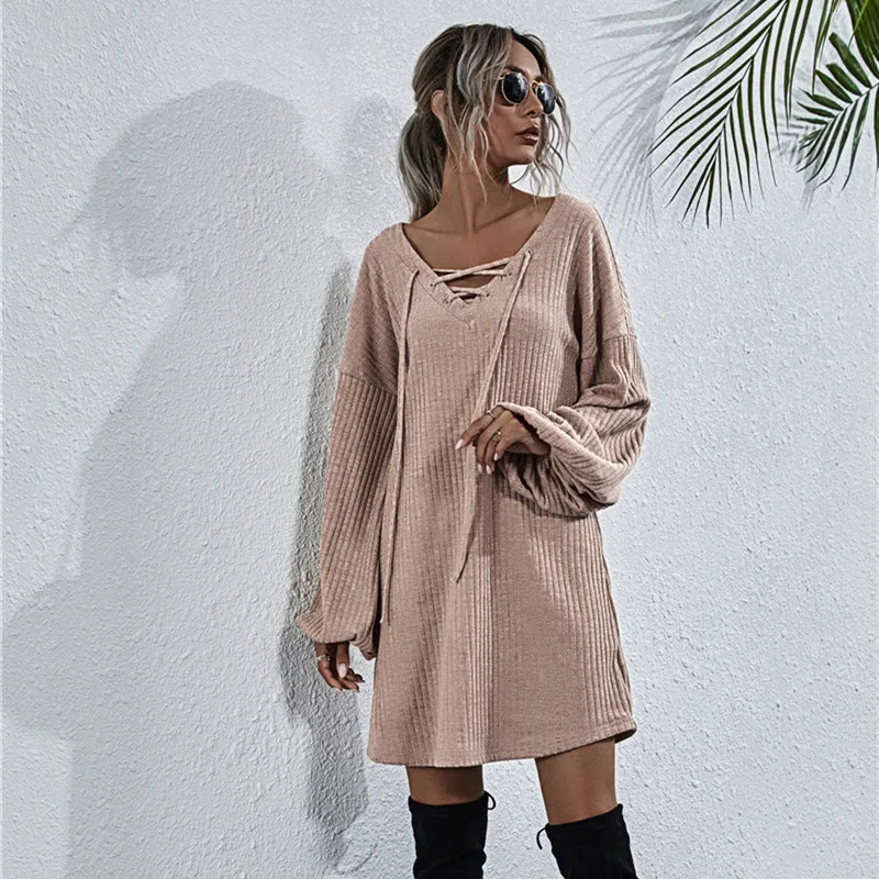

Autumn Fashion Women Knitted Dress 2020 New V-neck Lantern Sleeves Lace Up Slim Mini Dress