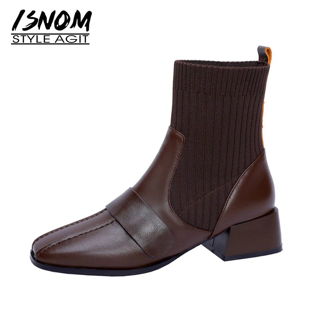 

ISNOM Women Genuine Leather Sock Boots Round Toe Zip Stretch boots Chunky Heel Fashion Buckle Ladies Winter Boots 2020
