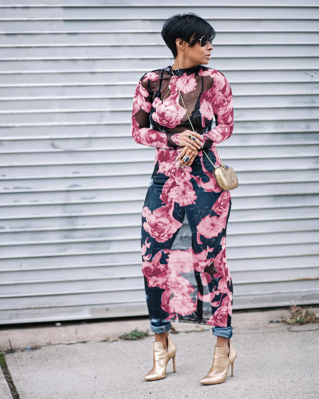 

Dresses See-through O-Neck Flower Print Long Sleeve Dress WY6421