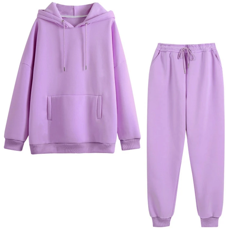 

Pure color fleece oversized sportswear winter thick warm warm hooded sweatshirt jogging pants suit autumn hoodie women's two-pie