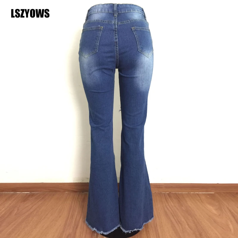 

Hole Hollow Out Blue Denim Pants Women Vintage Sexy Ripped Flare Jeans Ladies Trousers Solid Skinny High Waist Bell Bottom Jeans