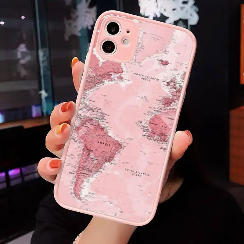 

World Map Travel Phone Case For iPhone 12 11 Mini Pro XR XS Max 7 8 Plus X Matte transparent Pink Back Cover