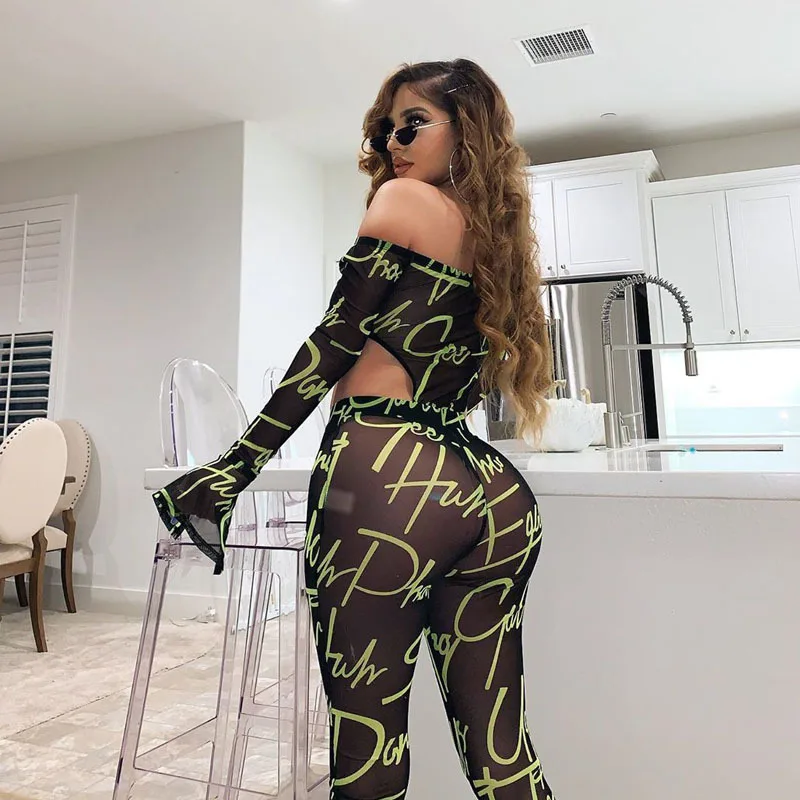 

Mesh Sexy Hot Transparent Women Co-ord Set Letter Print Off Shoulder 2 Piece Outfit 2019 New Long Sleeve Bodysuit And Pants Sets