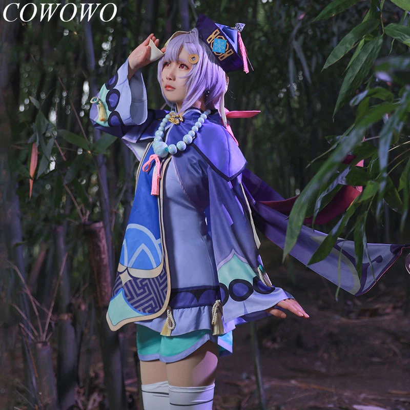 

COWOWO Аниме! Игровой костюм Genshin Impact QiQi, милое платье, униформа, костюм для косплея, Женский костюм для ролевых игр на Хэллоуин, Новинка