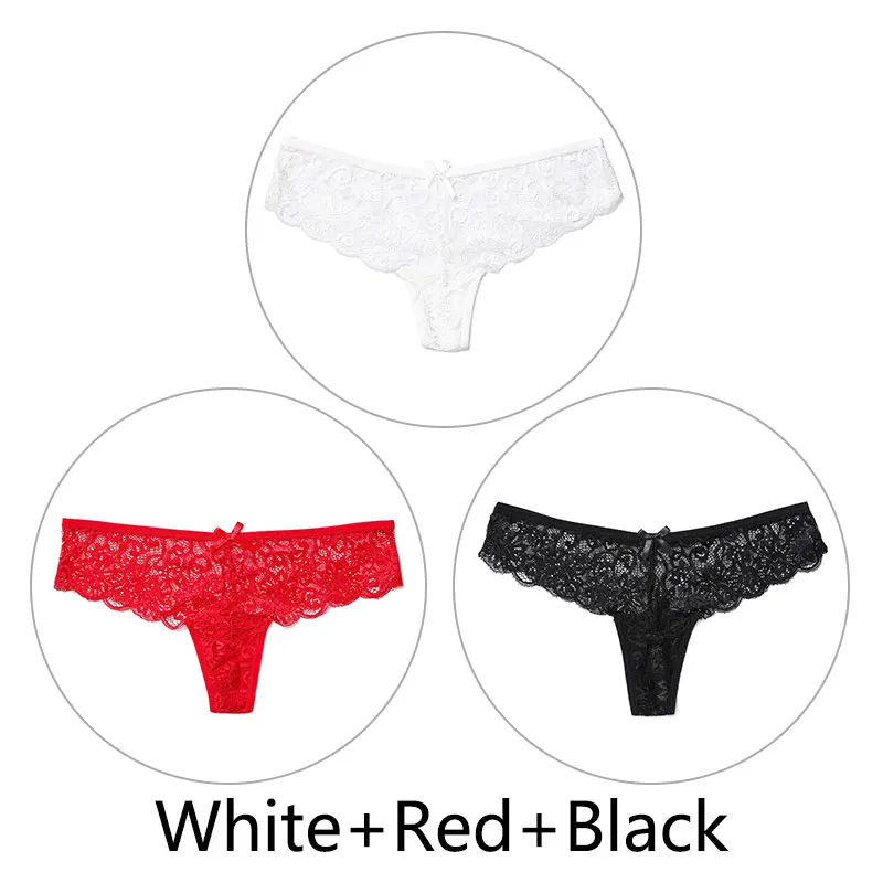 White Red Black 3 шт., сексуальные кружевные трусики женские стринги и стринги, открытая низкая талия, нижнее белье, прозрачные танга, женское нижнее белье, дышащее - Цвет: White Red Black