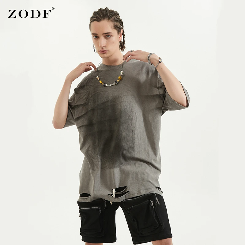 

ZODF Chic 2022 Men Summer Cotton T-Shirts Dirty Broken Style Oversized Unisex High Street Solid T Shirt Brand Tees HY0253