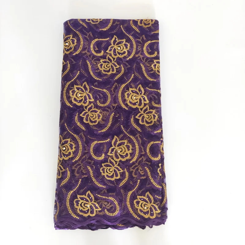 Фиолетовая Цветочная вышитая африканская сетчатая кружевная ткань для