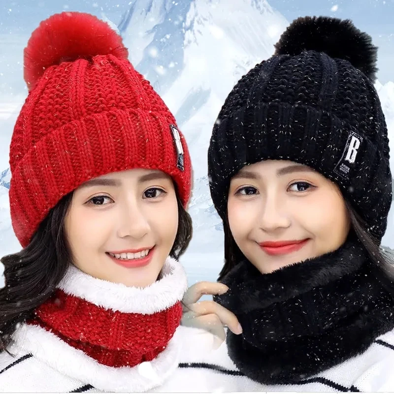 

Fashion Winter Warmer Women Knitted Hat Big Pom Pom Rabbit Fur Ball Ladies Keep Warm Soft Beanie Cap Scarf Set Lovely Girls Gift