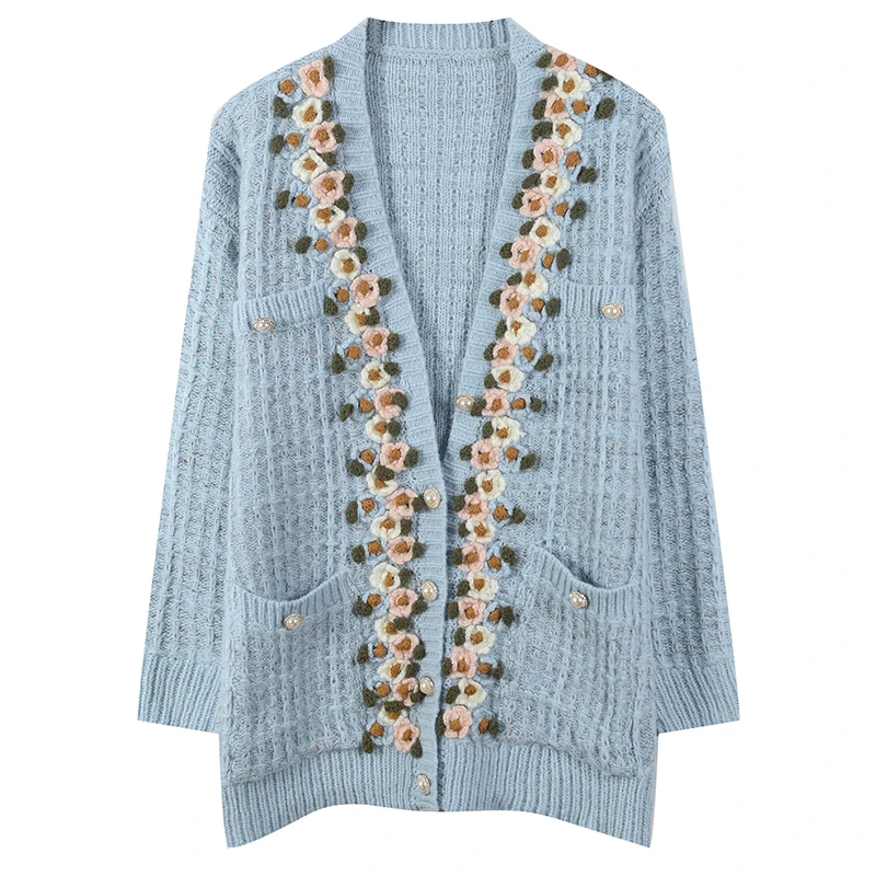 Runway 2021 Autumn Christmas Handmade 3D Flowers Sweater Midi Cardigans Blue Single Breasted Coat Winter Clothes Brand Design |