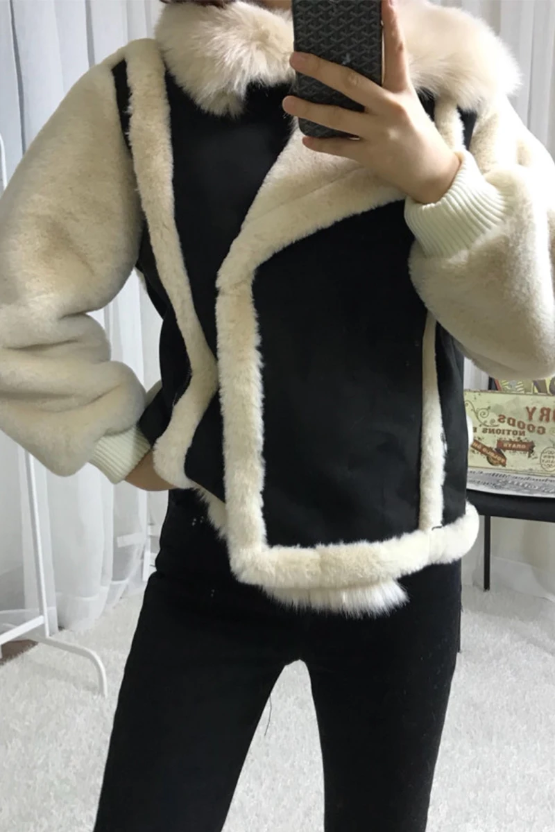 

2019 New lambswool patchwork Women Winter Jacket Rabbit fur collar long sleeve loose fashion women's jacket