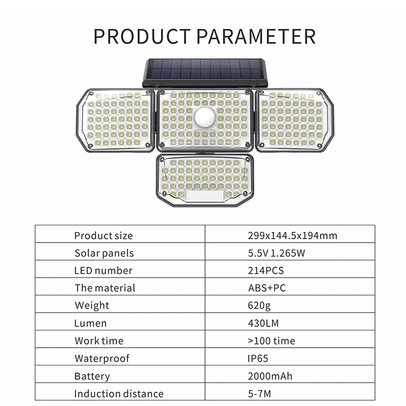

214 LED Solar Lamps Outdoor 4 Heads Motion Sensor 360 Wide Angle solar led light Bright Waterproof Wall Light for Garage Garden