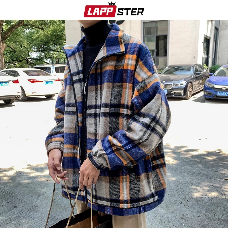 LAPPSTER Мужская корейская мода клетчатый Тренч пальто пальто Мужская Уличная ветровка Harajuku модная длинная куртка пальто